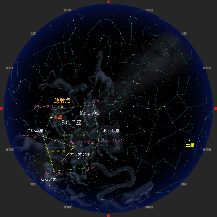12月14日22時ごろの夜空で流星が現れるイメージ