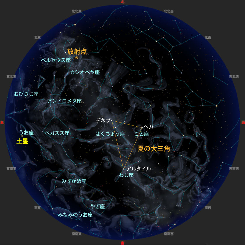 8月12日22時ごろの夜空で流星が現れるイメージ
